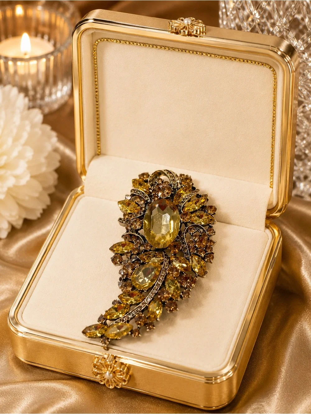 Gold-Tone Citrine Crystal Leaf Brooch - Elegant Women’s Jewelry NWOT
